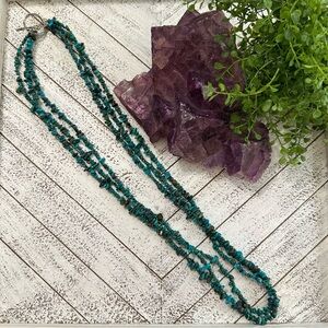Turquoise Beaded Long Necklace 3 Strand Blue Green